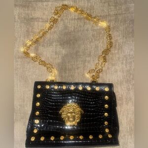 Vintage rare  Versace Black Patent Medallion Shoulder Bag with Gold Chain